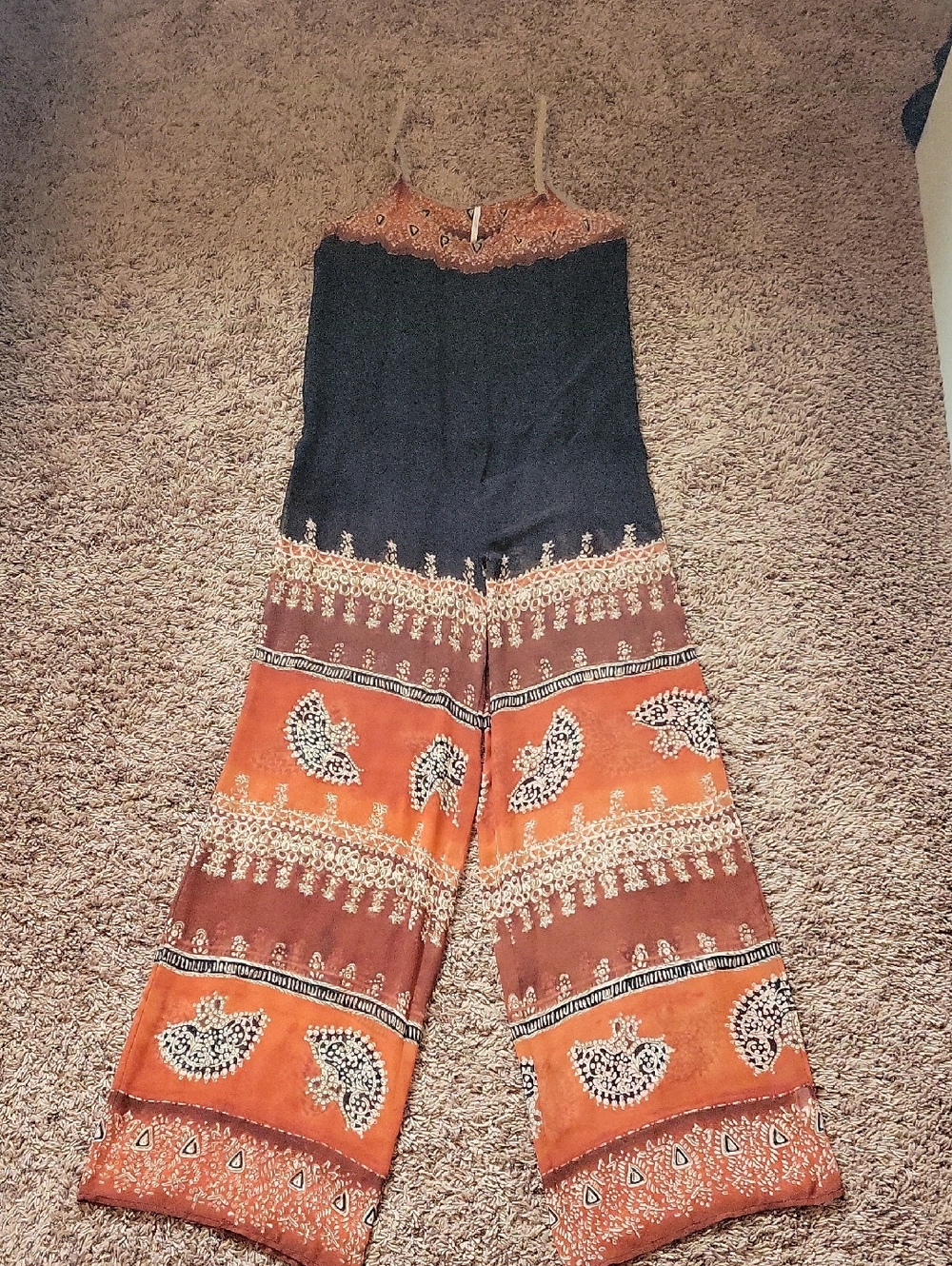 Free People Black and Orange Boho Patterned Sheer Wide-Leg Jumpsuit